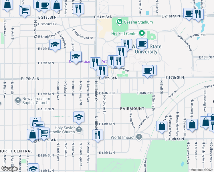 map of restaurants, bars, coffee shops, grocery stores, and more near 1728 North Holyoke Street in Wichita