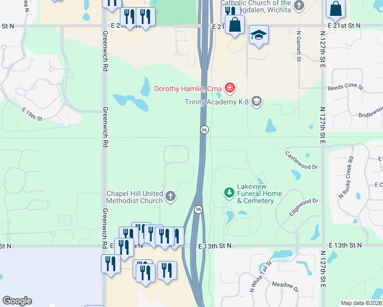 map of restaurants, bars, coffee shops, grocery stores, and more near 1712 North Bedford Street in Wichita