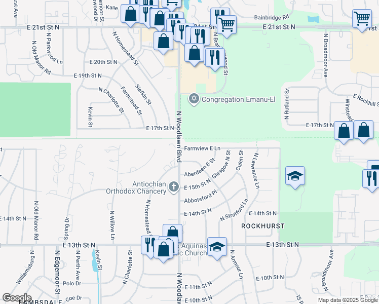 map of restaurants, bars, coffee shops, grocery stores, and more near 6415 E Farmview St in Wichita