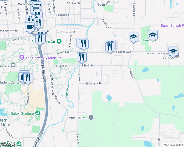 map of restaurants, bars, coffee shops, grocery stores, and more near 612 East Campus Drive in Carbondale