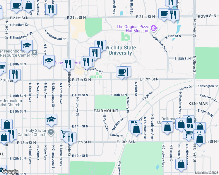 map of restaurants, bars, coffee shops, grocery stores, and more near 1727 North Harvard Avenue in Wichita