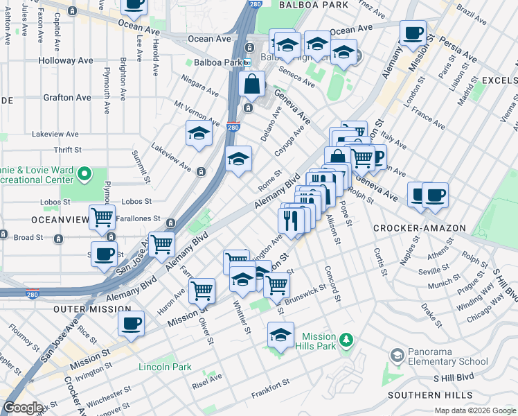 map of restaurants, bars, coffee shops, grocery stores, and more near 469 Huron Avenue in San Francisco