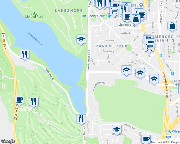 map of restaurants, bars, coffee shops, grocery stores, and more near 997 Brotherhood Way in San Francisco