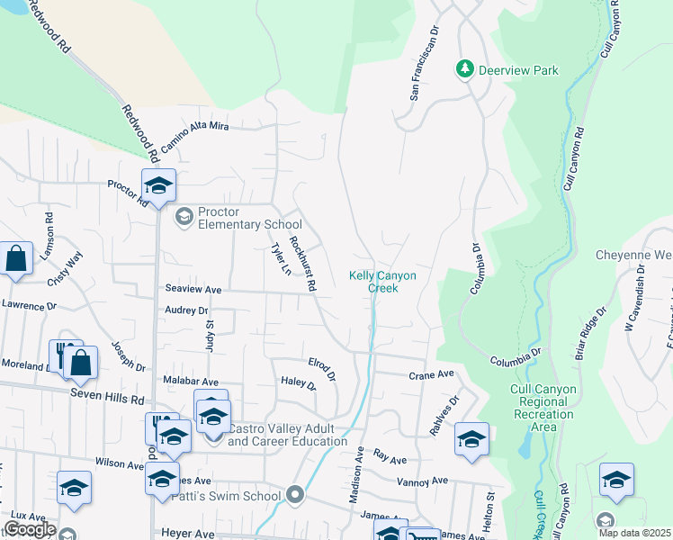 map of restaurants, bars, coffee shops, grocery stores, and more near 17868 Trenton Drive in Castro Valley