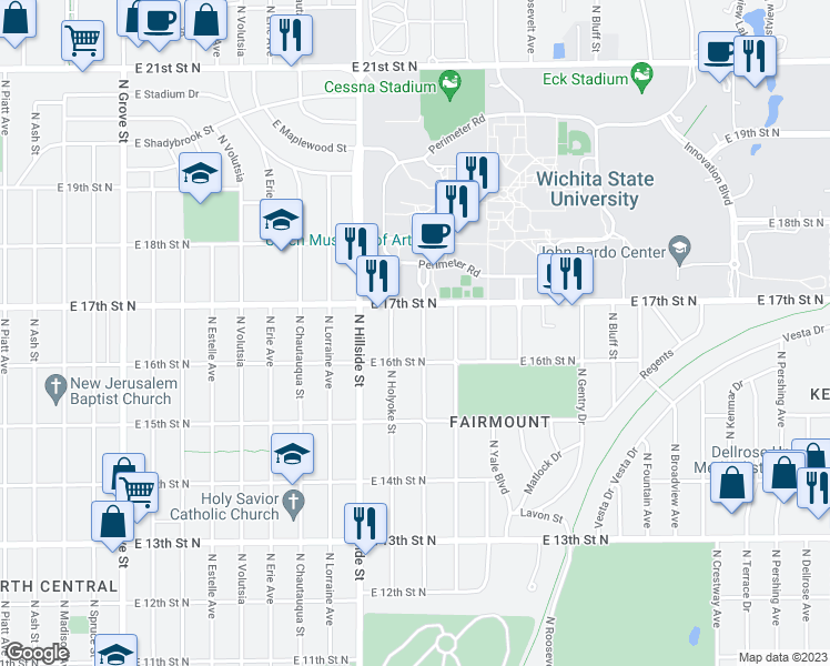 map of restaurants, bars, coffee shops, grocery stores, and more near 1729 Fairmount Street in Wichita