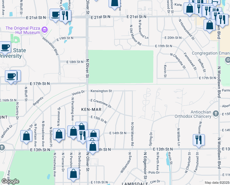 map of restaurants, bars, coffee shops, grocery stores, and more near 1756 Floberta Street in Wichita