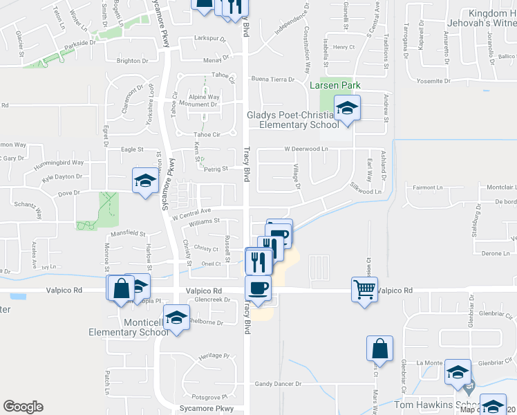 map of restaurants, bars, coffee shops, grocery stores, and more near 590 West Central Avenue in Tracy