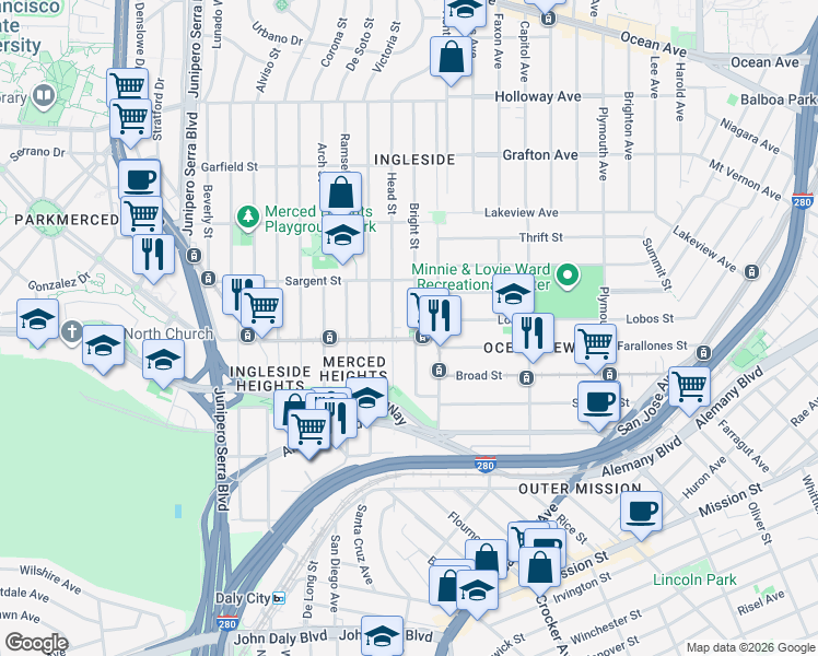 map of restaurants, bars, coffee shops, grocery stores, and more near 401-409 Head Street in San Francisco