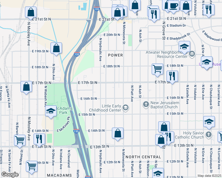 map of restaurants, bars, coffee shops, grocery stores, and more near 1735 North Minneapolis Street in Wichita
