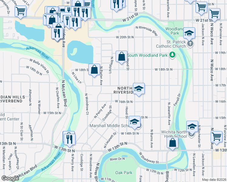 map of restaurants, bars, coffee shops, grocery stores, and more near 1418 West Julianne Street in Wichita