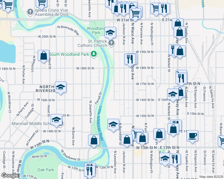 map of restaurants, bars, coffee shops, grocery stores, and more near 1749 North Arkansas Avenue in Wichita