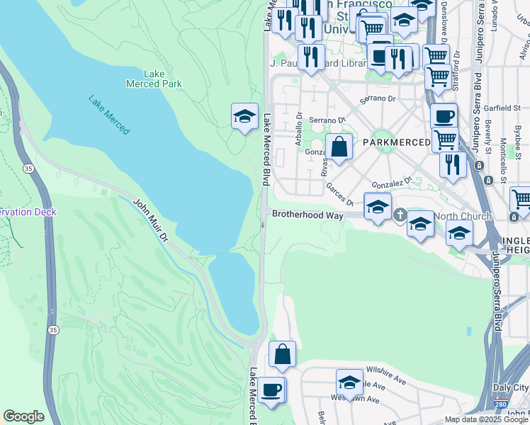 map of restaurants, bars, coffee shops, grocery stores, and more near Lake Merced Blvd & Brotherhood Way in San Francisco