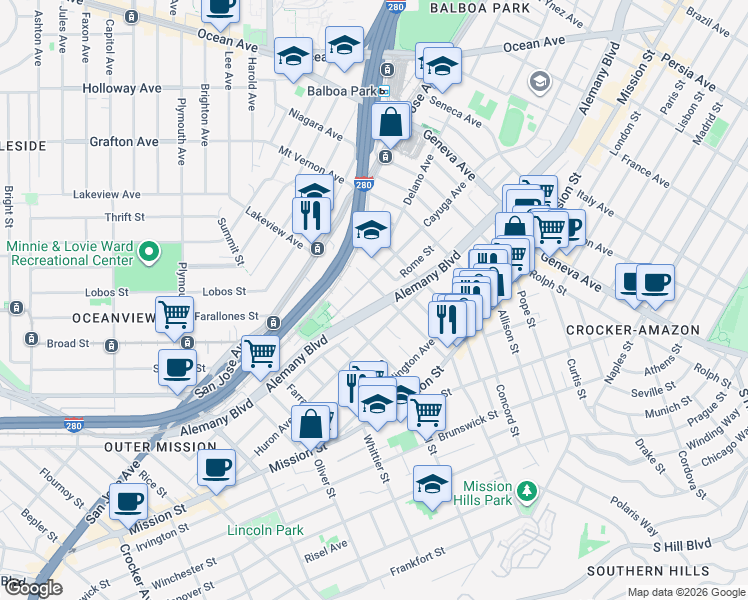 map of restaurants, bars, coffee shops, grocery stores, and more near 2632 Alemany Boulevard in San Francisco