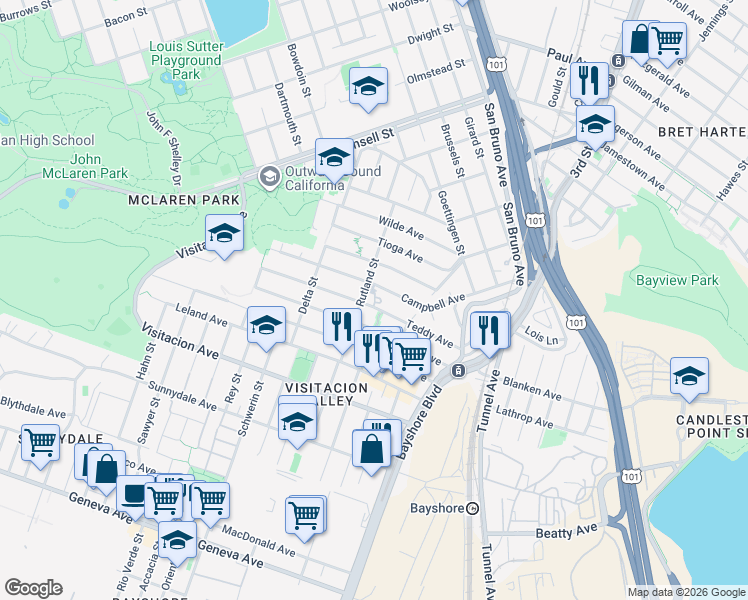 map of restaurants, bars, coffee shops, grocery stores, and more near 180 Teddy Avenue in San Francisco