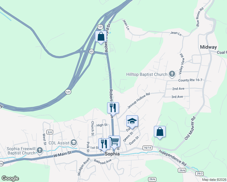map of restaurants, bars, coffee shops, grocery stores, and more near 330 Robert C Byrd Drive in Sophia