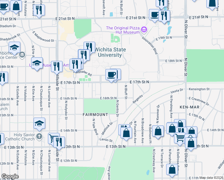 map of restaurants, bars, coffee shops, grocery stores, and more near 1726 North Roosevelt Court in Wichita
