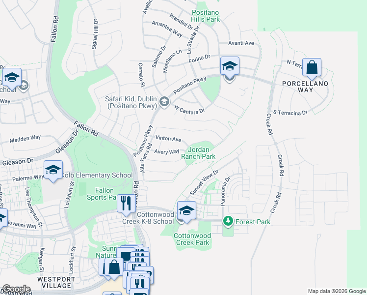 map of restaurants, bars, coffee shops, grocery stores, and more near 2470 Avery Way in Pleasanton