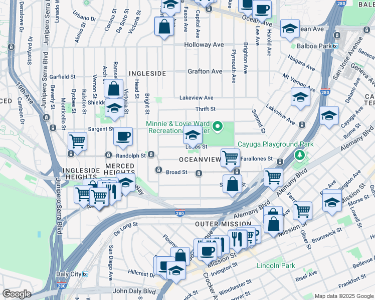 map of restaurants, bars, coffee shops, grocery stores, and more near 229 Lobos Street in San Francisco
