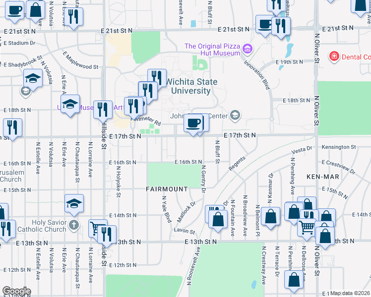 map of restaurants, bars, coffee shops, grocery stores, and more near 1733 North Roosevelt Court in Wichita