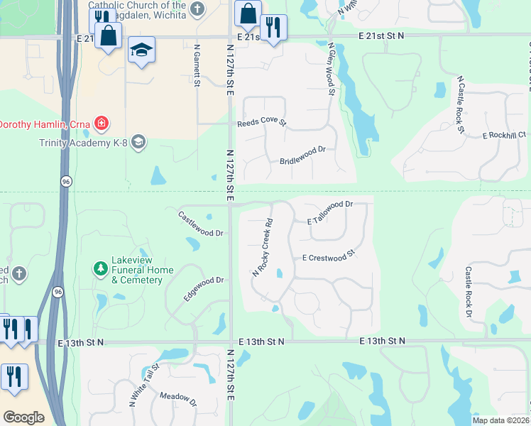 map of restaurants, bars, coffee shops, grocery stores, and more near 1725 Rocky Creek Road Court in Wichita