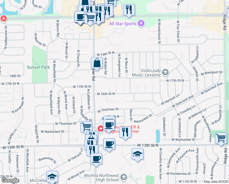 map of restaurants, bars, coffee shops, grocery stores, and more near 8550 West 16th Street North in Wichita