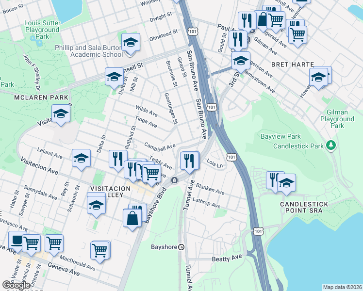 map of restaurants, bars, coffee shops, grocery stores, and more near 3901 San Bruno Avenue in San Francisco