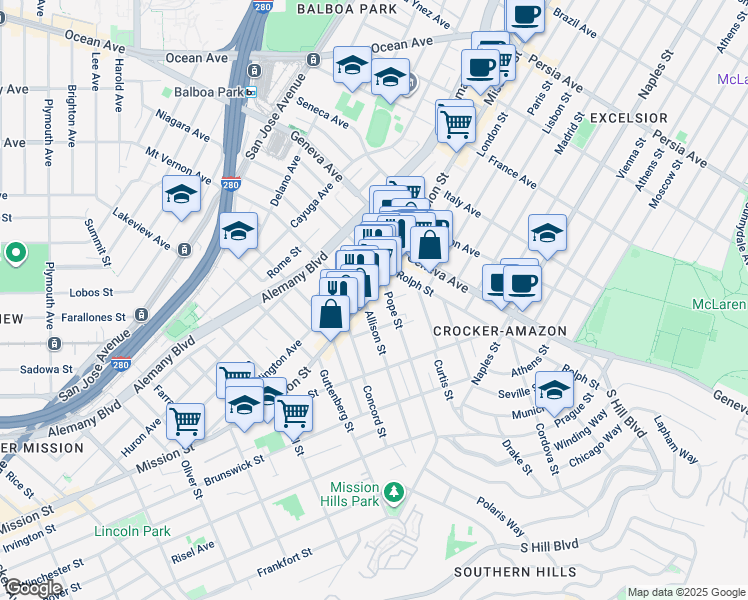 map of restaurants, bars, coffee shops, grocery stores, and more near 25 Allison Street in San Francisco