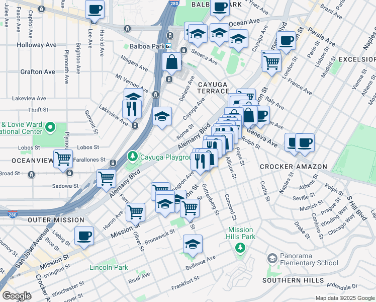map of restaurants, bars, coffee shops, grocery stores, and more near 469 Huron Avenue in San Francisco
