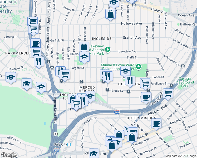 map of restaurants, bars, coffee shops, grocery stores, and more near 401-409 Head Street in San Francisco