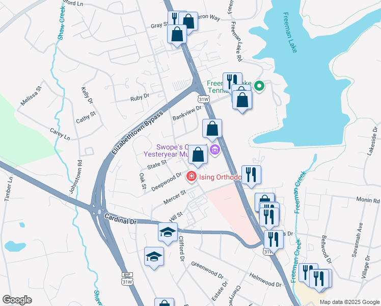 map of restaurants, bars, coffee shops, grocery stores, and more near 1114-1118 Woodland Dr in Elizabethtown