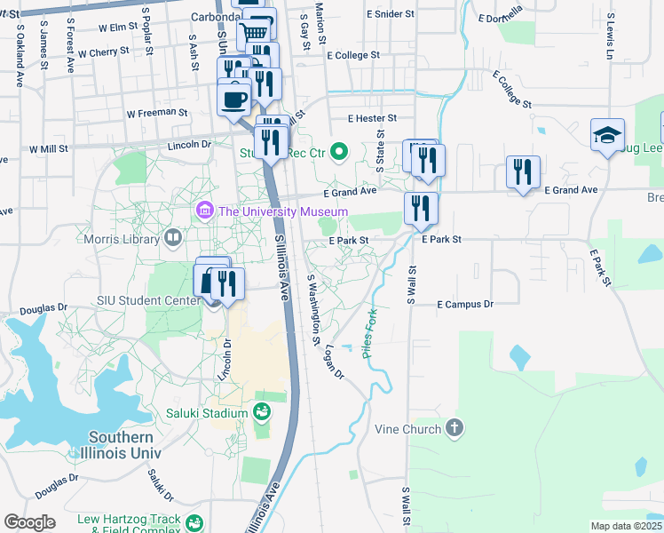 map of restaurants, bars, coffee shops, grocery stores, and more near in Carbondale