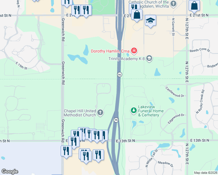 map of restaurants, bars, coffee shops, grocery stores, and more near 11707 Summerfield Street in Wichita