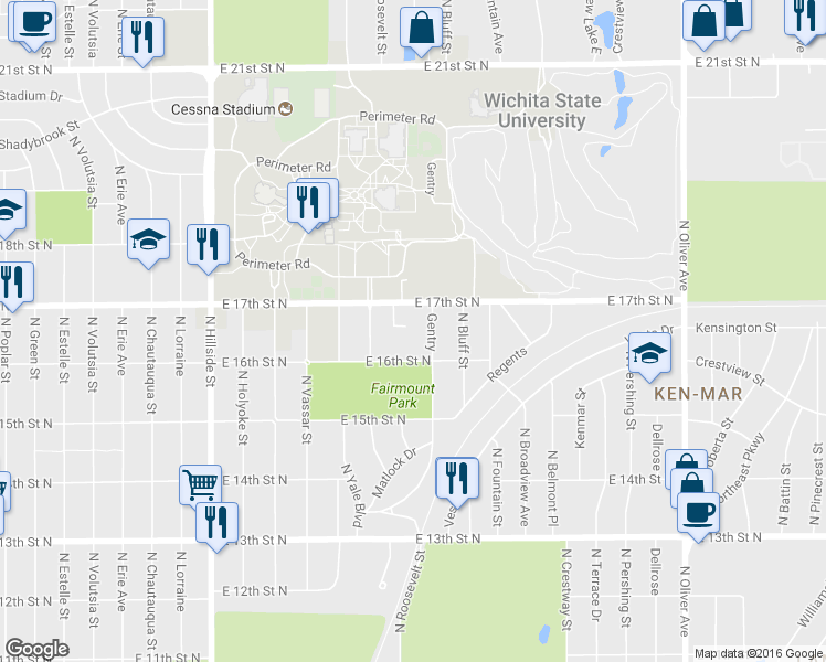 map of restaurants, bars, coffee shops, grocery stores, and more near 1726 North Roosevelt Court in Wichita