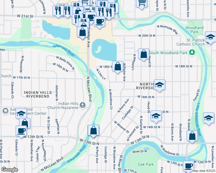 map of restaurants, bars, coffee shops, grocery stores, and more near 1737 North Woodrow Court in Wichita
