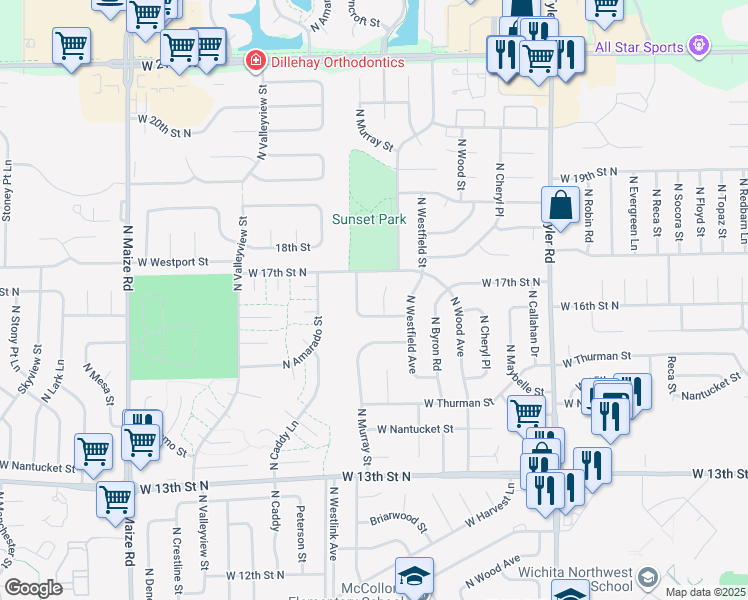 map of restaurants, bars, coffee shops, grocery stores, and more near 9412 16th Court in Wichita