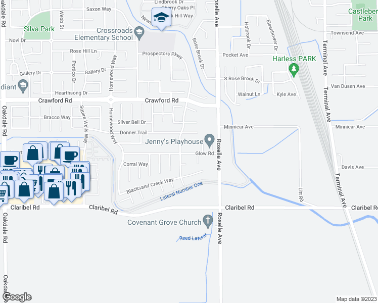 map of restaurants, bars, coffee shops, grocery stores, and more near 5227 Sulky Court in Riverbank