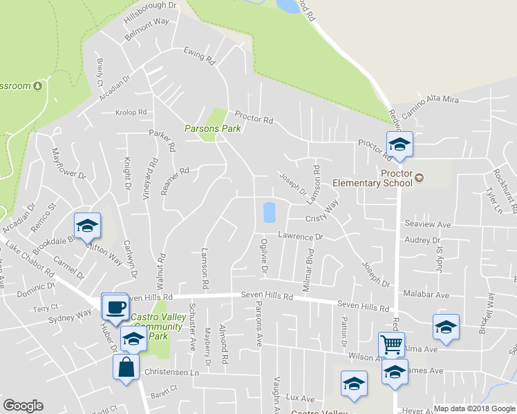 map of restaurants, bars, coffee shops, grocery stores, and more near 18238 Almond Road in Castro Valley