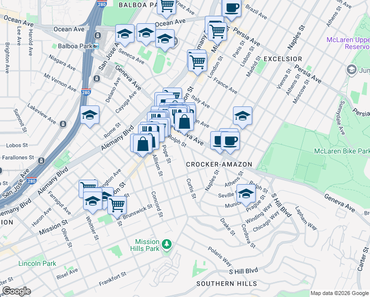 map of restaurants, bars, coffee shops, grocery stores, and more near 30 Curtis Street in San Francisco