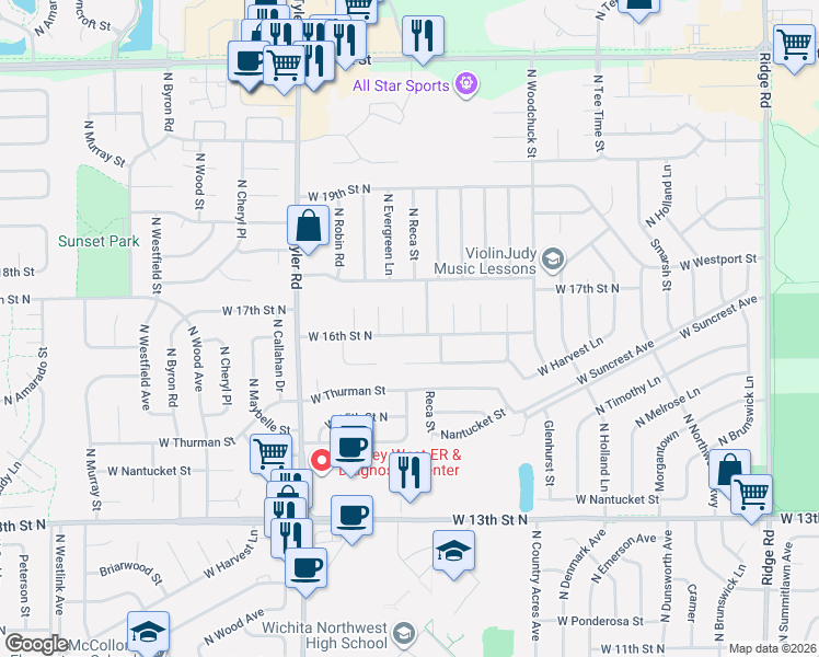 map of restaurants, bars, coffee shops, grocery stores, and more near 8401 West 16th Street North in Wichita