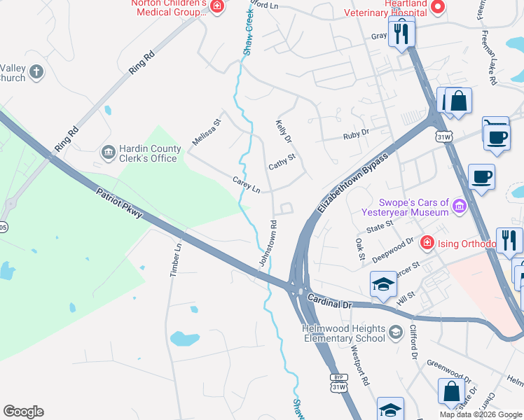 map of restaurants, bars, coffee shops, grocery stores, and more near 1114-1198 Johnstown Road in Elizabethtown