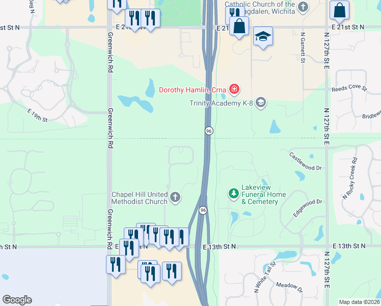 map of restaurants, bars, coffee shops, grocery stores, and more near 1707 North Bedford Street in Wichita