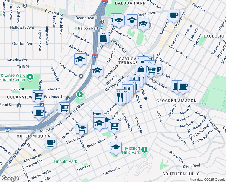 map of restaurants, bars, coffee shops, grocery stores, and more near 469 Huron Avenue in San Francisco