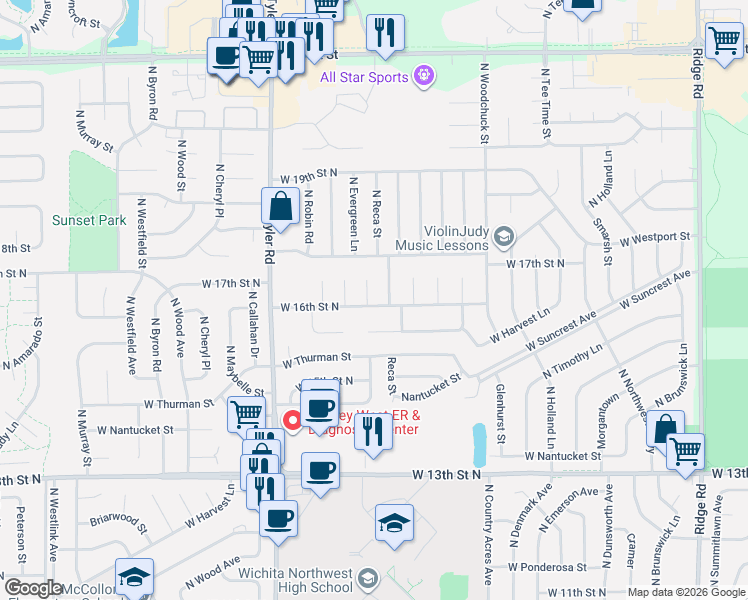 map of restaurants, bars, coffee shops, grocery stores, and more near 8401 West 16th Street North in Wichita