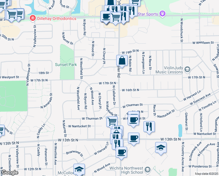 map of restaurants, bars, coffee shops, grocery stores, and more near 1741 North Maybelle Street in Wichita
