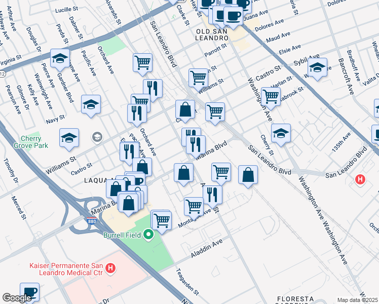 map of restaurants, bars, coffee shops, grocery stores, and more near 823 Estabrook Street in San Leandro