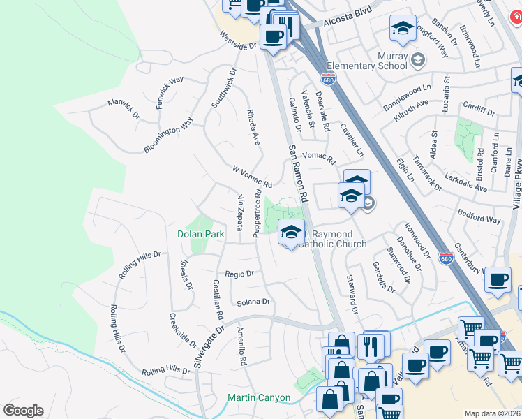 map of restaurants, bars, coffee shops, grocery stores, and more near 8093 Peppertree Road in Dublin