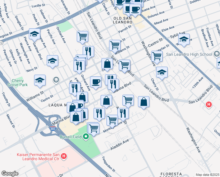 map of restaurants, bars, coffee shops, grocery stores, and more near 2144 Alvarado Street in San Leandro