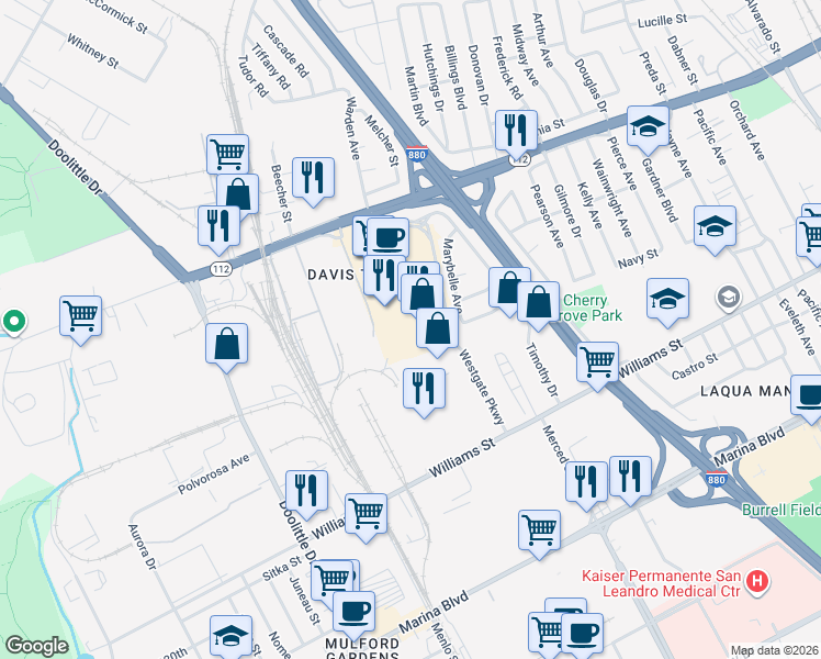 map of restaurants, bars, coffee shops, grocery stores, and more near 1933 Davis Street in San Leandro