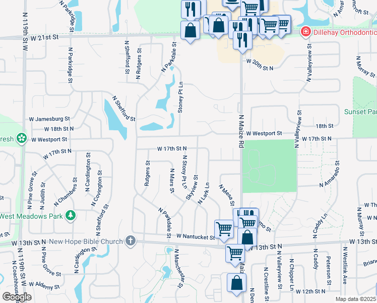 map of restaurants, bars, coffee shops, grocery stores, and more near 1742 North Stoney Point Street in Wichita