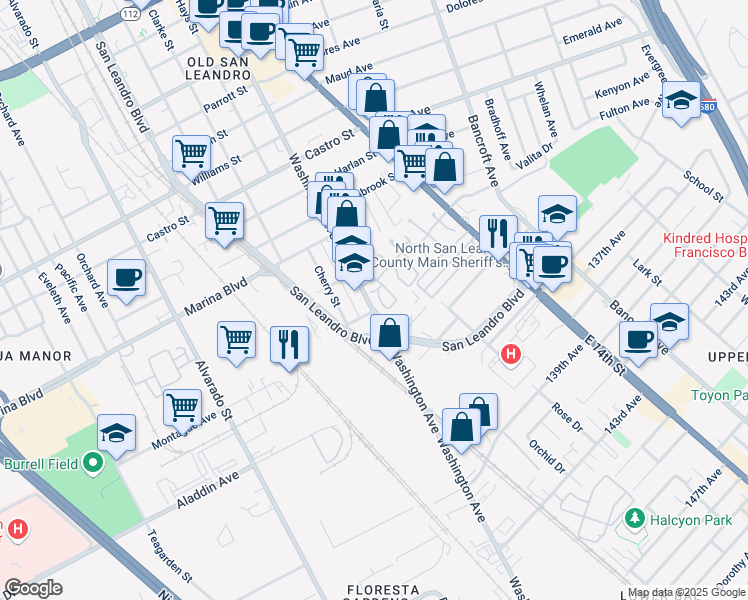 map of restaurants, bars, coffee shops, grocery stores, and more near 2395 Hudson Lane in San Leandro